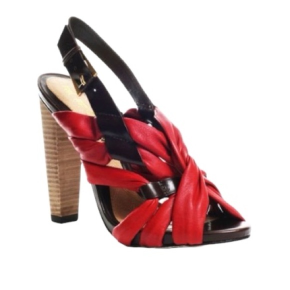 L.A.M.B. Tamika Red and Brown Strappy Leather Heels - Picture 2 of 11